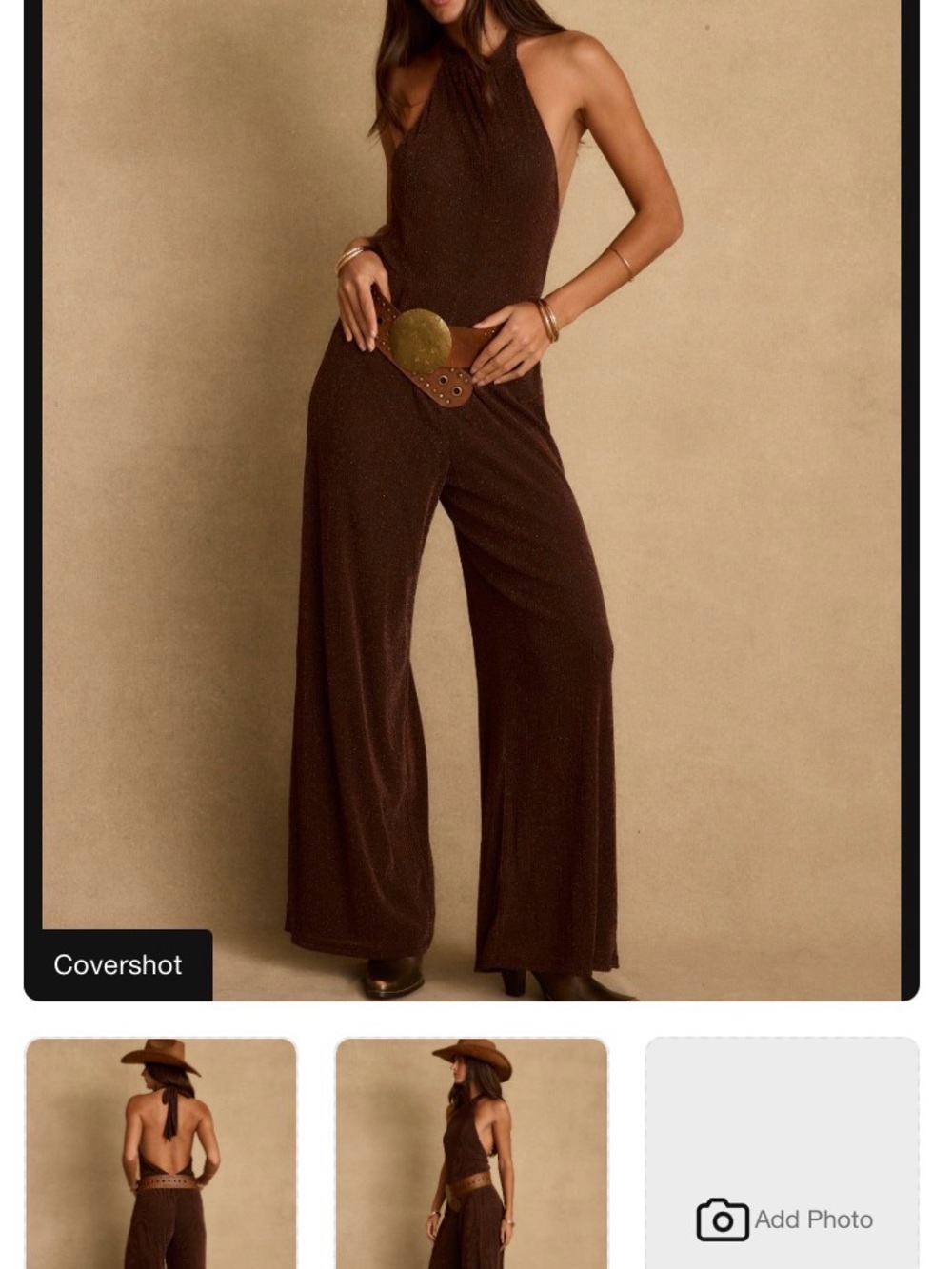 12th Tribe Dark Brown Halter Wide-Leg Jumpsuit